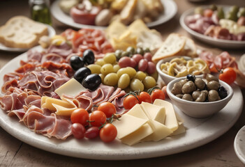 Photograph of a Italian antipasto platter, blurred background