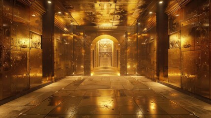 Vault interior shining with gold bullion and prosperity artifacts, prosperity, treasure trove