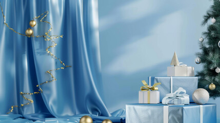 A collection of festive holiday scenes featuring elegant blue and red drapes, Christmas decorations, and gift boxes, creating a sophisticated and celebratory atmosphere
