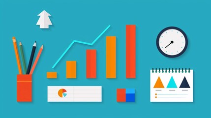 Colorful business statistics workspace with graphs, pencils, clock, and calendar on a blue background. Analytical and organized.