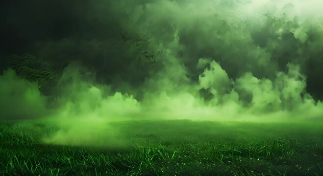 Smoke green background dark ground light smell toxic black bad fog stadium stink mist. Background green grass smoke cloud fart soccer night field dust poison potion floating sport transparent vdo 5s