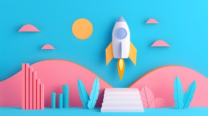 Colorful paper art rocket launch against a blue sky with pink clouds, mountains, and plants, symbolizing innovation and creativity.