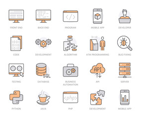 Software development flat line icons set. Programming language, application, api, computer program develop vector illustrations. Outline signs for website design. Orange color. Editable Stroke