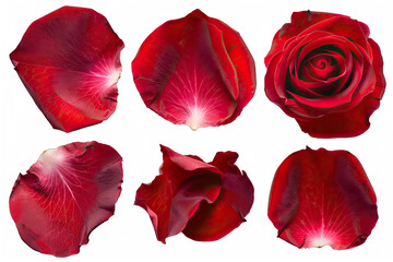 Set of red rose petals isolated on transparent background cutout
