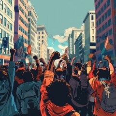 African American people in a crowd fighting and protesting in the street with raised fists against racism and racial discrimination.