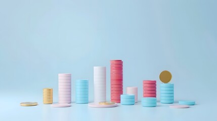 Colorful stacked coins on a pastel blue background representing growth, investment, savings, and financial concepts. Minimalist design.