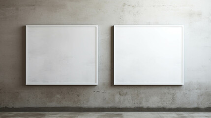 Blank white frames hang on a concrete wall the display of artwork or photographs