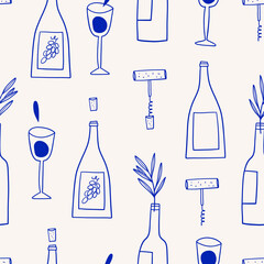 Seamless pattern with wine bottle, glass, corkscrew and corks. 