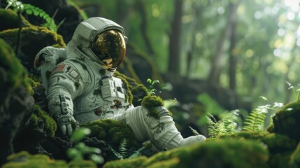 Fototapeta premium An astronaut in a mysterious green wood .The spacesuit is overgrown with moss