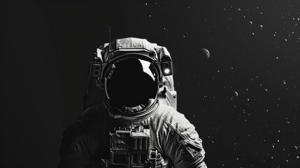  An astronaut in a spacesuit in which space is reflected. Universal darkness vantablack.