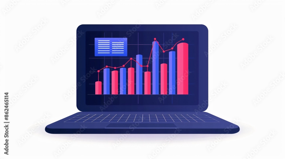 Poster digital laptop screen displaying dynamic bar graph and chart data analysis. ideal for data visualiza