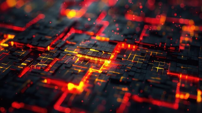The image is of a computer chip with red and yellow lights. It is a circuit board with many small electronic components.