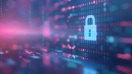Obraz premium Digital security concept with a lock icon on a blue and pink background. Represents data protection, cyber security, online safety, and encryption.