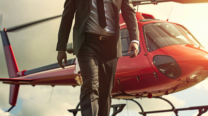 close-up of a businessman in a suit walking away from a red helicopter, man dressed formally, exuding a sense of professionalism and success, scene suggests luxury and executive traveling