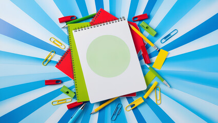Frame of office supplies on a blue background Flat lay view above copy area with blank center for pasted text.