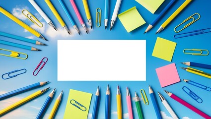 Frame of office supplies on a blue background Flat lay view above copy area with blank center for pasted text.
