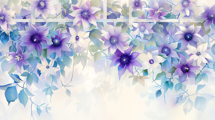 Passionflower vine with exotic blooms cascading over a trellis, intricate purple and white petals rendered in a vibrant watercolor style, capturing the essence of tropical beauty
