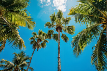 Obraz premium Tall palm trees against clear blue sky - an ai painting of tropical palms from a unique perspective 