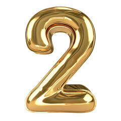 3d golden font number 2 isolated on transparent white background, clipping path