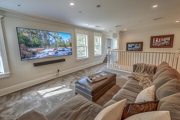 Fototapeta premium high angle view of a cozy living room with a plush carpet, comfortable couch, and a large flatscreen TV perfect for binge-watching shows.