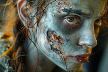 Close-up of a person's face with realistic zombie makeup, showing decayed skin and exposed bones, perfect for horror themes using AI Generative.