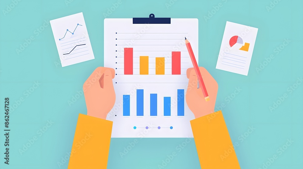 Poster hands holding a document with colorful bar charts and graphs, representing data analysis and busines
