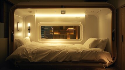 Obraz premium Modern wooden bedroom interior with soft lighting and window.