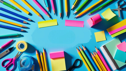 Frame of office supplies on a blue background Flat lay view above copy area with blank center for pasted text.