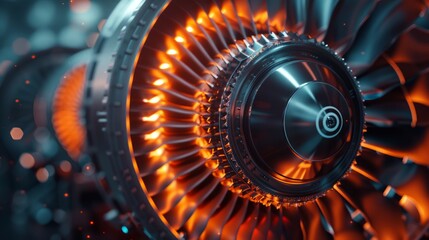 Close-Up View of Modern Turbine Engine with Glowing Orange and Blue Hues