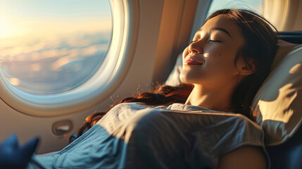 An Asian traveler in a relaxed and happy state, enjoying comfort in a business class setting