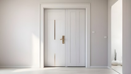 Modern door handle on white door with room interior