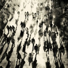 A throng of people their shadows intertwining and blending together lost in the busy cityscape. Black and white art