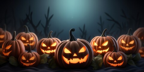 Obraz premium Halloween pumpkins with glowing faces in a dark forest