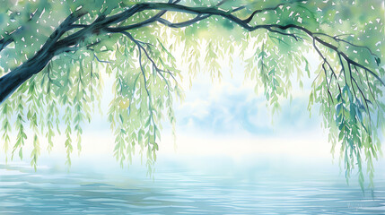 Weeping willow tree by a serene lakeshore, cascading branches and delicate leaves, soft watercolor strokes capturing the tranquil and ethereal beauty