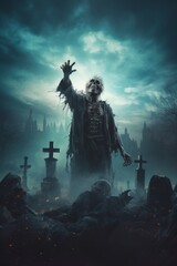 Undead figure rising from graveyard at night. Dark fantasy digital art.