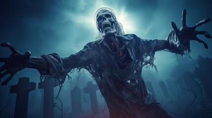 Skeleton in tattered clothes raising arms against dramatic cloudy sky.