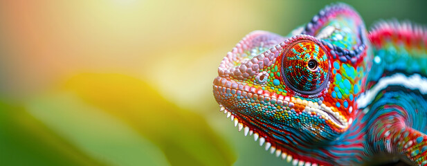 Closeup of a captivating and mesmerizing chameleon lizard with vibrant colorful and intricate textured skin and patterns