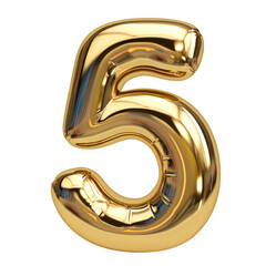 3d golden font number 5 isolated on transparent white background, clipping path