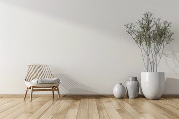 Minimalist apartment interiors in earthy tones with beige panels and minimal furniture. Luxury residential Real Estate composition for advertising.