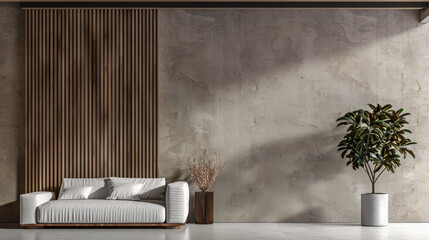 Minimalist apartment interiors in earthy tones with beige panels and minimal furniture. Luxury residential Real Estate composition for advertising.