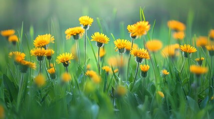 Fototapeta premium Vibrant spring summer scene with lush green grass and wild yellow flowers outdoors in the morning