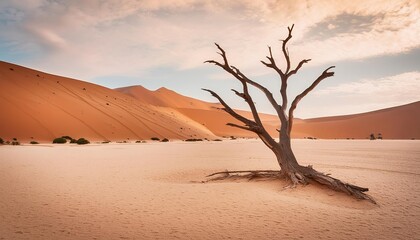  A dead tree is a stark contrast to the desolate desert in this scenic wallpaper 