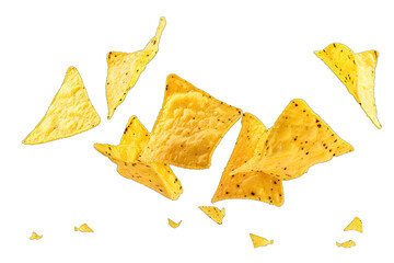 Flying tortilla chips isolated on white and transparent background