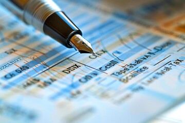 close-up photo of a pen filling out a purchase order form with various transactional details such as price, account balance, and tax.