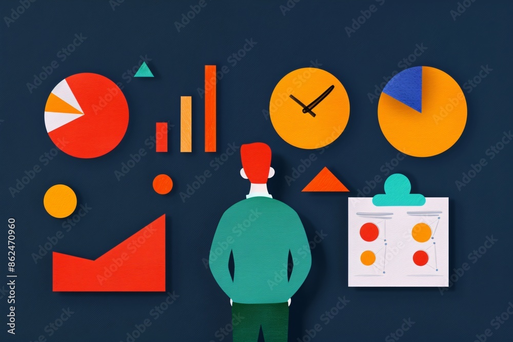 Poster man analyzing data charts and graphs, representing business analytics and statistics on a dark backg
