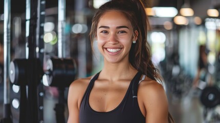 Fototapeta premium Beautiful muscular young woman smiling. Girl trainer instructor in the gym