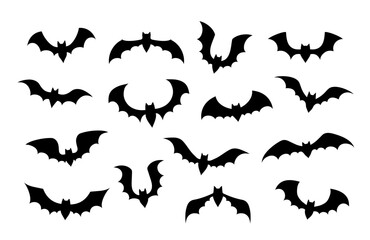Isolated Halloween bats black silhouettes. Vector set of spooky flying winged vampire animal shapes. Witch creatures with long eerie wings, creepy horror night holiday symbols of mystery and terror