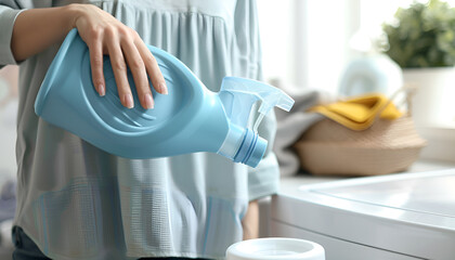 Fototapeta premium Woman pouring fabric softener from bottle into cap for washing clothes indoors, closeup. Space for text