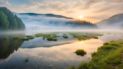 The misty Lacu Rosu Lake picture in the morning. A misty summer sunrise in Romania's Harghita County, Europe. Background of the idea of the beauty of nature.