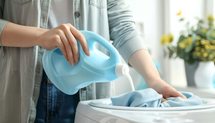 Woman pouring fabric softener from bottle into cap for washing clothes indoors, closeup. Space for text